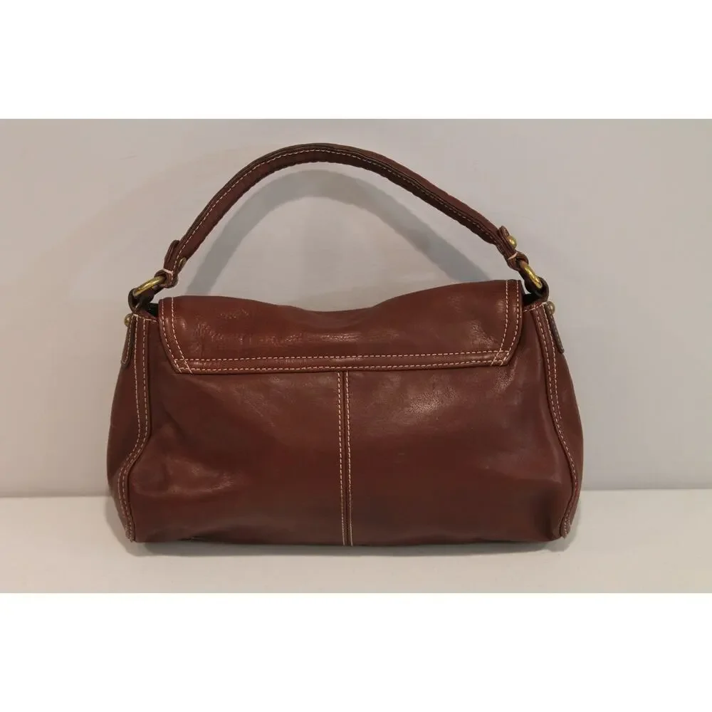 Talbots Leather Handbag Purse Brown White Thread Detailing Flap Closure